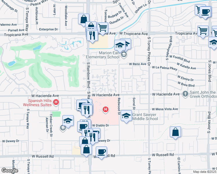 map of restaurants, bars, coffee shops, grocery stores, and more near 5250 South Rainbow Boulevard in Las Vegas