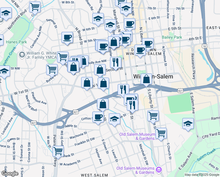map of restaurants, bars, coffee shops, grocery stores, and more near 627 Brookstown Avenue Southwest in Winston-Salem