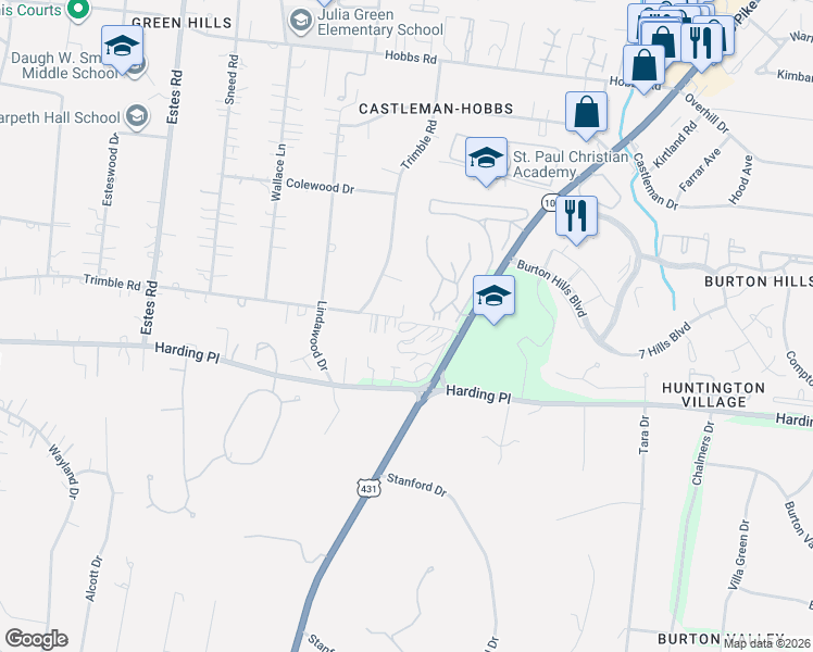 map of restaurants, bars, coffee shops, grocery stores, and more near 112 Ardsley Place in Nashville