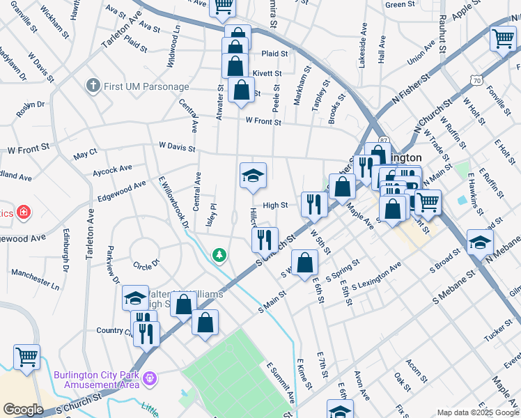 map of restaurants, bars, coffee shops, grocery stores, and more near 834 High Street in Burlington