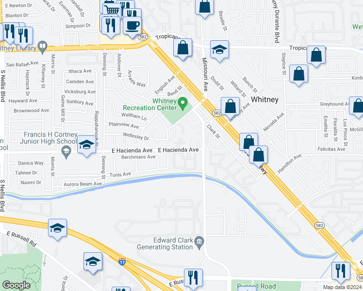 map of restaurants, bars, coffee shops, grocery stores, and more near 5750 East Hacienda Avenue in Las Vegas