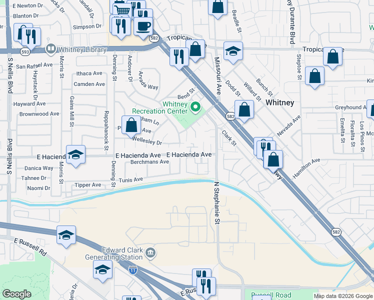 map of restaurants, bars, coffee shops, grocery stores, and more near 5751 East Hacienda Avenue in Las Vegas