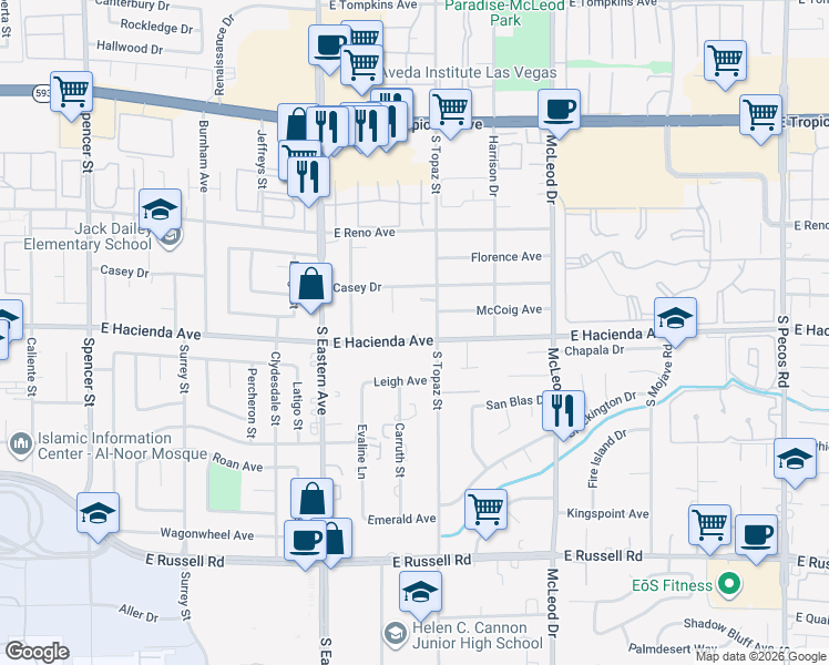 map of restaurants, bars, coffee shops, grocery stores, and more near 2517 East Hacienda Avenue in Las Vegas