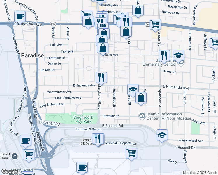 map of restaurants, bars, coffee shops, grocery stores, and more near 5336 Mancos Court in Las Vegas