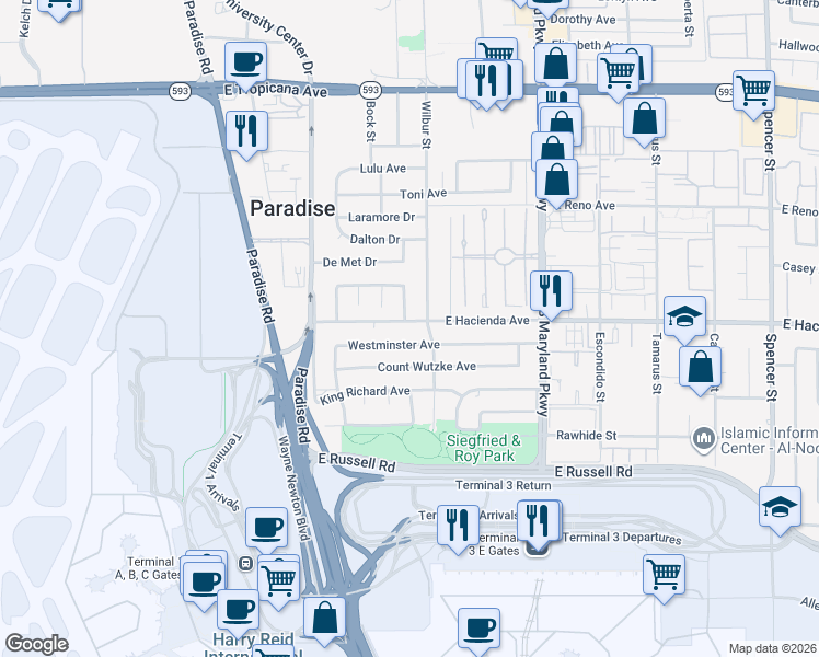 map of restaurants, bars, coffee shops, grocery stores, and more near 980 Westminster Avenue in Las Vegas