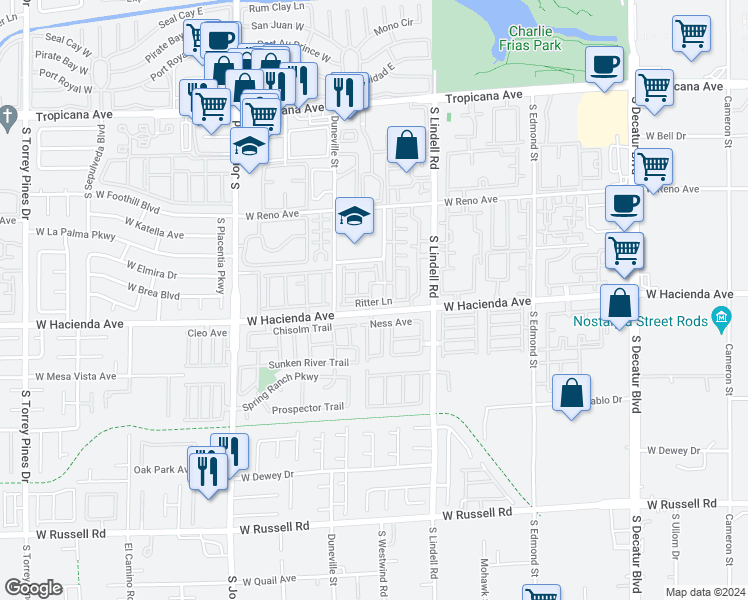 map of restaurants, bars, coffee shops, grocery stores, and more near 5707 West Hacienda Avenue in Las Vegas