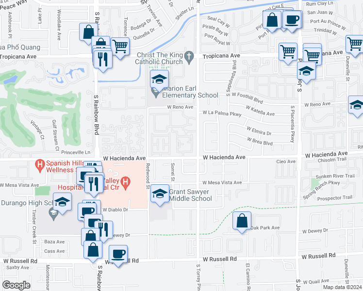 map of restaurants, bars, coffee shops, grocery stores, and more near 5201 South Torrey Pines Drive in Las Vegas