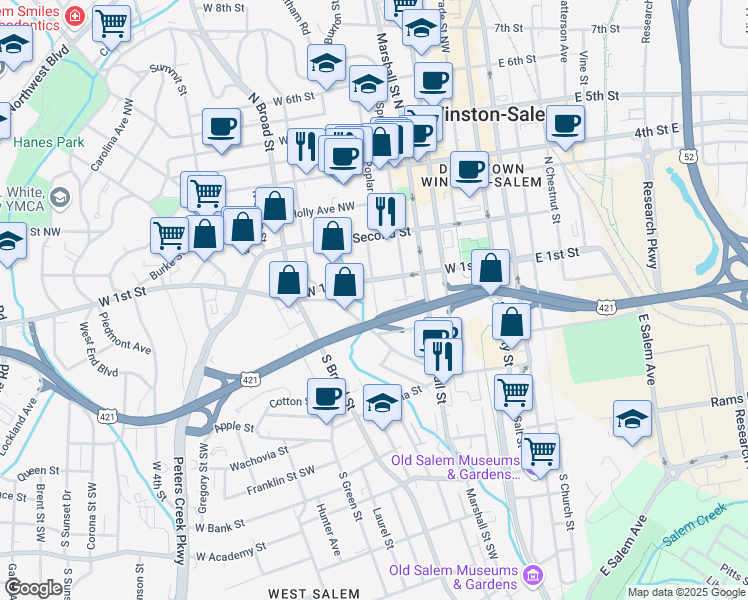 map of restaurants, bars, coffee shops, grocery stores, and more near 627 Brookstown Avenue Southwest in Winston-Salem