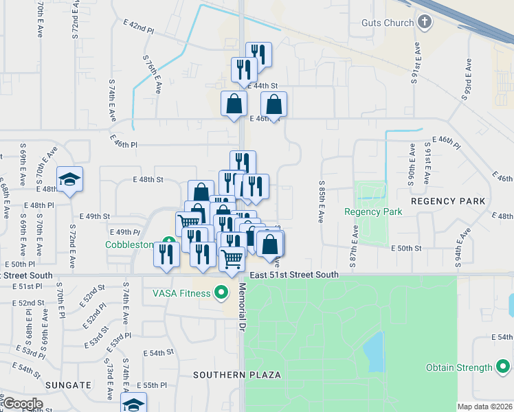map of restaurants, bars, coffee shops, grocery stores, and more near in Tulsa