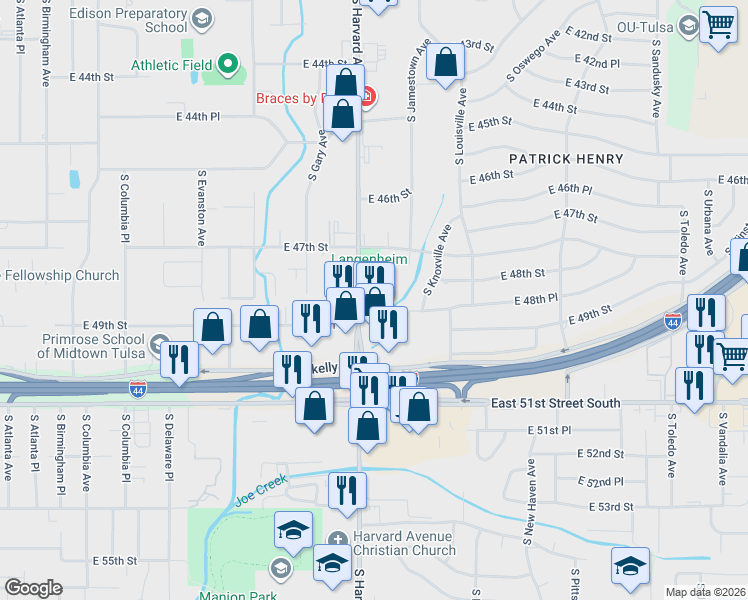 map of restaurants, bars, coffee shops, grocery stores, and more near in Tulsa