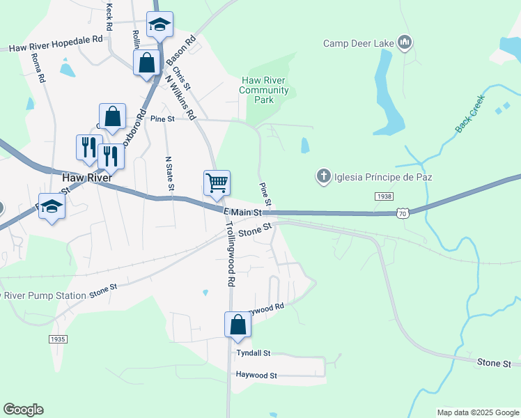 map of restaurants, bars, coffee shops, grocery stores, and more near 1324 East Main Street in Mebane