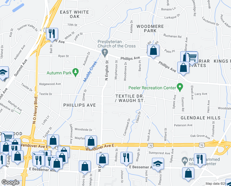 map of restaurants, bars, coffee shops, grocery stores, and more near Mcpherson Street in Greensboro