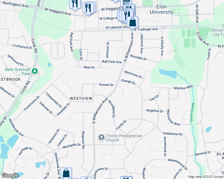 map of restaurants, bars, coffee shops, grocery stores, and more near 516 South Williamson Avenue in Elon