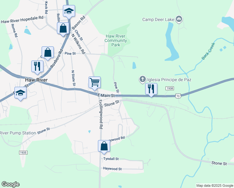 map of restaurants, bars, coffee shops, grocery stores, and more near 1328 East Main Street in Mebane