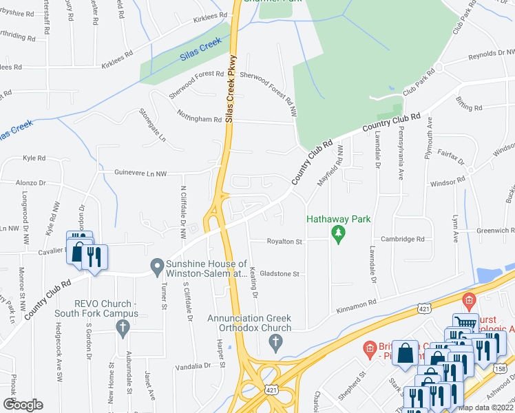 map of restaurants, bars, coffee shops, grocery stores, and more near 3420 Meridian Way in Winston Salem