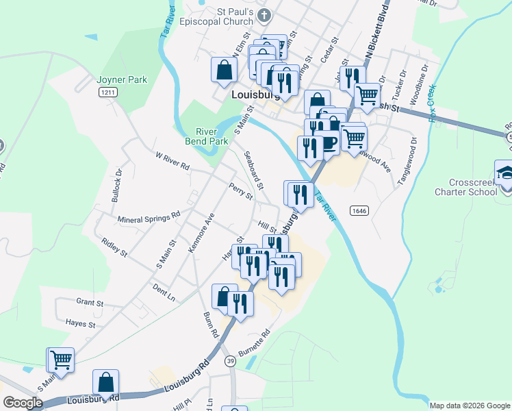 map of restaurants, bars, coffee shops, grocery stores, and more near 101 Hill Street in Louisburg