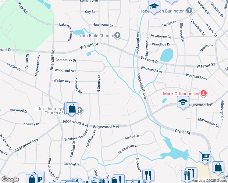 map of restaurants, bars, coffee shops, grocery stores, and more near 821 Kimberly Road in Burlington