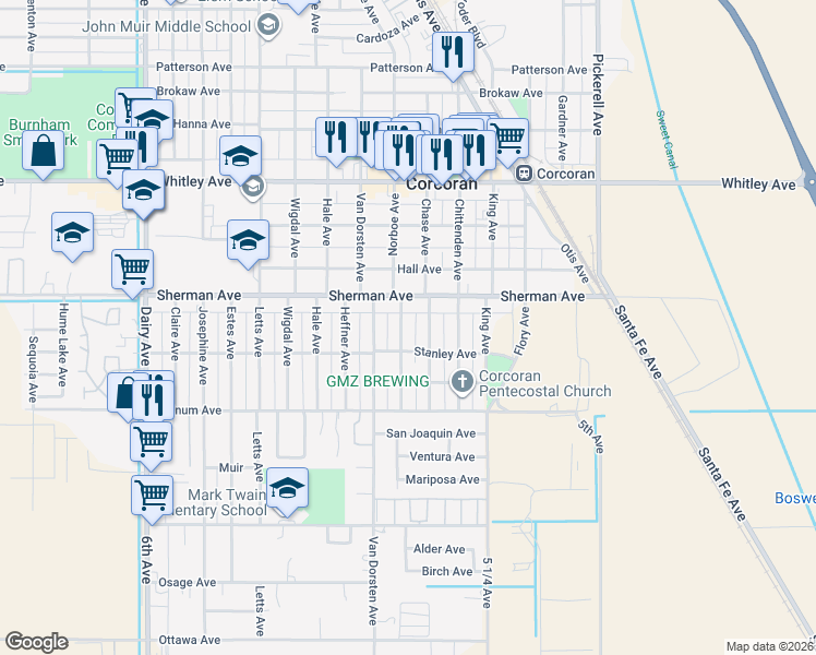 map of restaurants, bars, coffee shops, grocery stores, and more near 1510-1598 Norboe Avenue in Corcoran