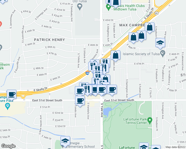 map of restaurants, bars, coffee shops, grocery stores, and more near 4550 East Skelly Drive in Tulsa