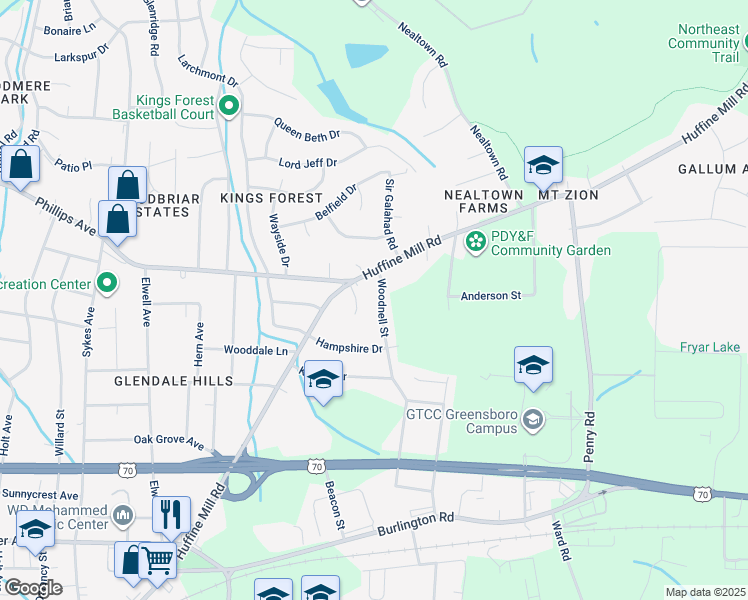 map of restaurants, bars, coffee shops, grocery stores, and more near 1215 Woodnell Street in Greensboro