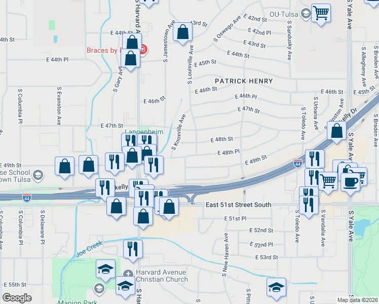map of restaurants, bars, coffee shops, grocery stores, and more near 3650 East 48th Place in Tulsa