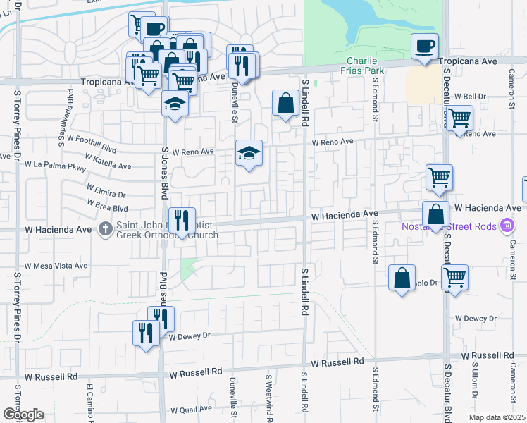 map of restaurants, bars, coffee shops, grocery stores, and more near 5707 West Hacienda Avenue in Las Vegas