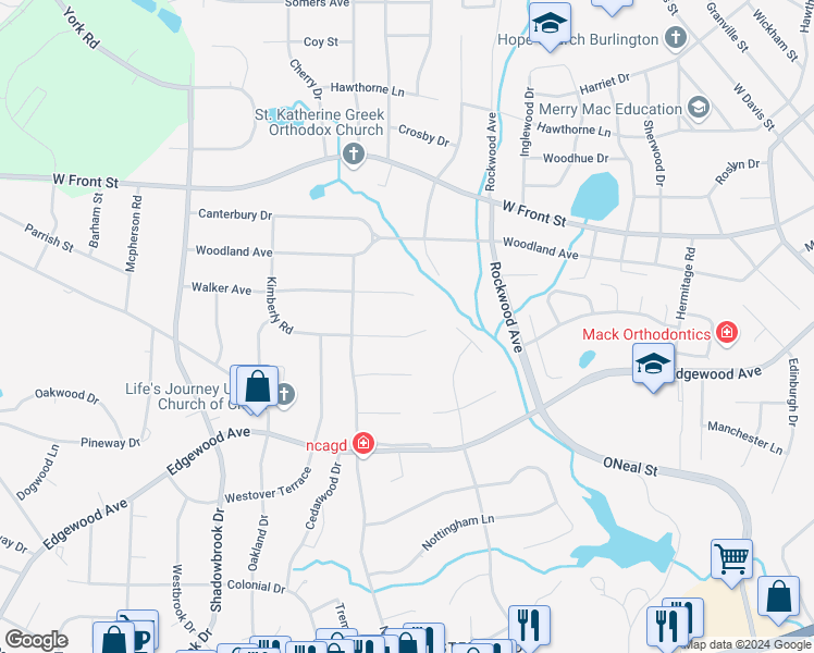 map of restaurants, bars, coffee shops, grocery stores, and more near 821 Kimberly Road in Burlington