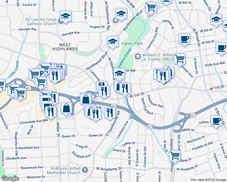map of restaurants, bars, coffee shops, grocery stores, and more near 122 North Hawthorne Road in Winston-Salem