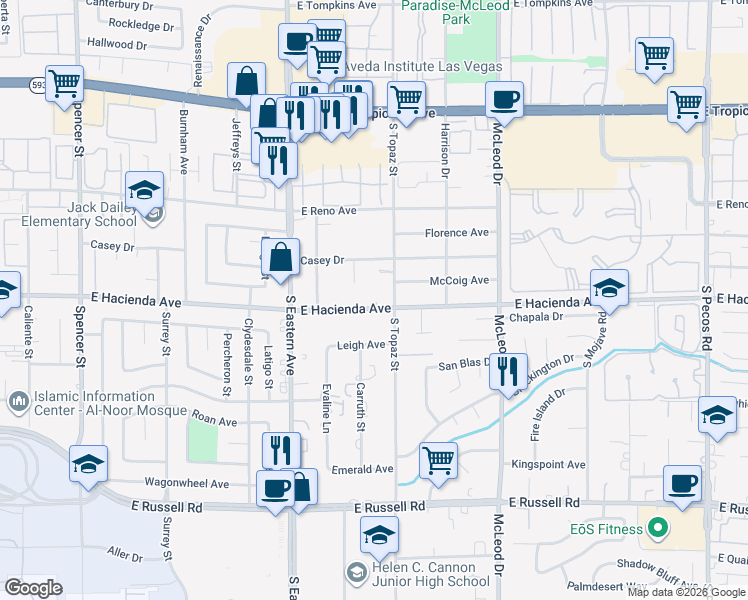 map of restaurants, bars, coffee shops, grocery stores, and more near 2517 East Hacienda Avenue in Las Vegas