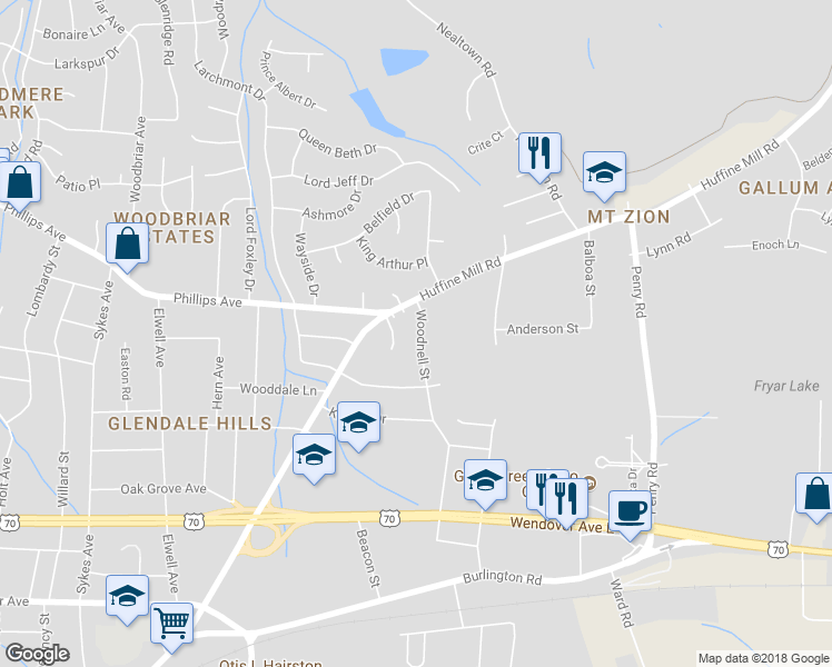 map of restaurants, bars, coffee shops, grocery stores, and more near 1215 Woodnell Street in Greensboro