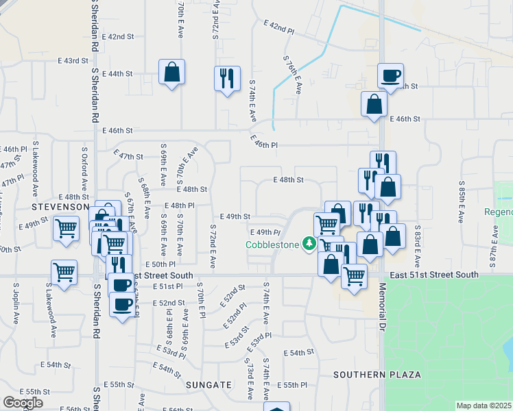map of restaurants, bars, coffee shops, grocery stores, and more near 4831 South 74th East Avenue in Tulsa