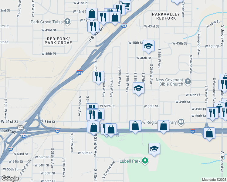 map of restaurants, bars, coffee shops, grocery stores, and more near 4801 South 31st West Avenue in Tulsa