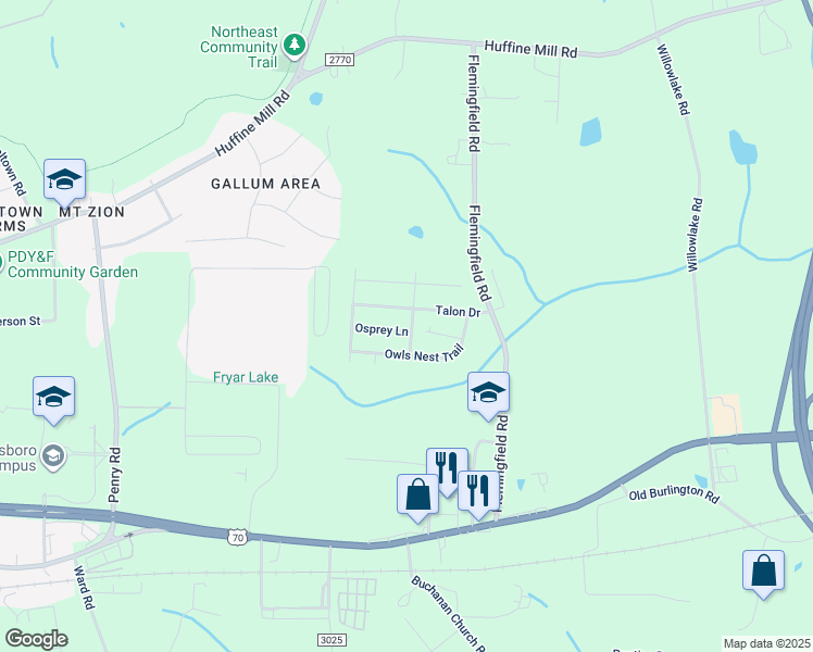 map of restaurants, bars, coffee shops, grocery stores, and more near 2223 Osprey Lane in McLeansville