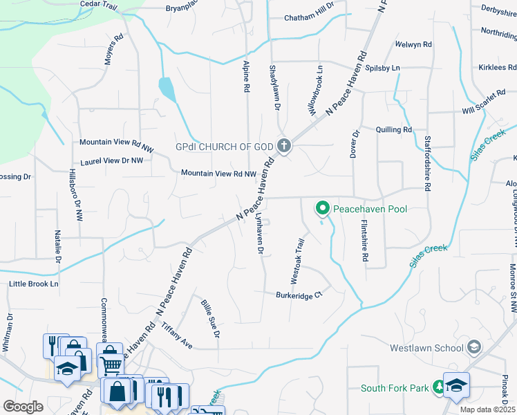 map of restaurants, bars, coffee shops, grocery stores, and more near 351 North Peace Haven Road in Winston-Salem