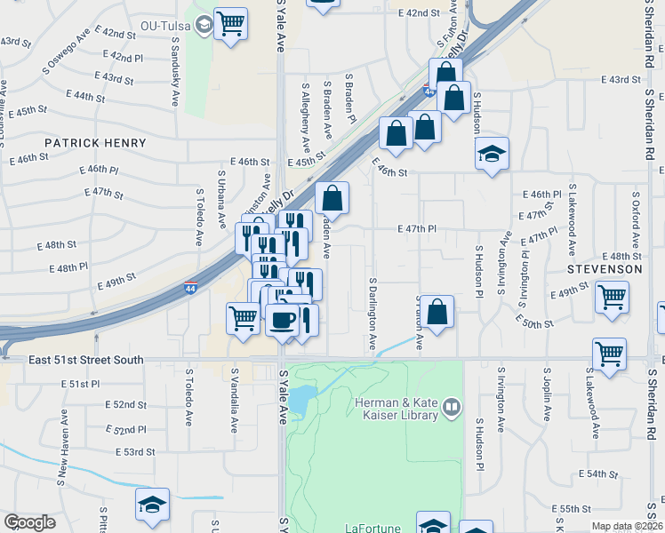 map of restaurants, bars, coffee shops, grocery stores, and more near 4740 South Braden Avenue in Tulsa
