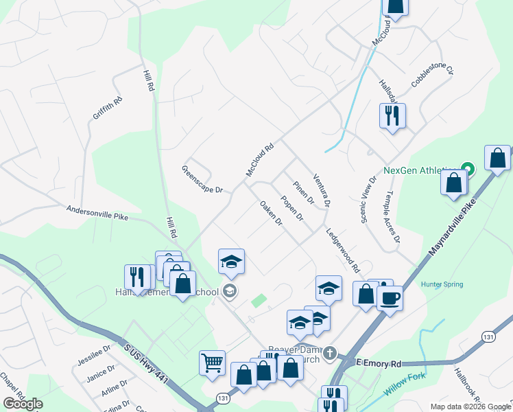 map of restaurants, bars, coffee shops, grocery stores, and more near 4321 Furen Road in Knoxville
