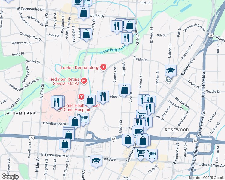 map of restaurants, bars, coffee shops, grocery stores, and more near 1307 Cypress Street in Greensboro