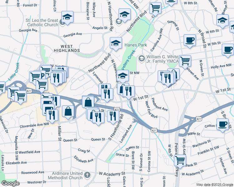 map of restaurants, bars, coffee shops, grocery stores, and more near 122 North Hawthorne Road in Winston-Salem