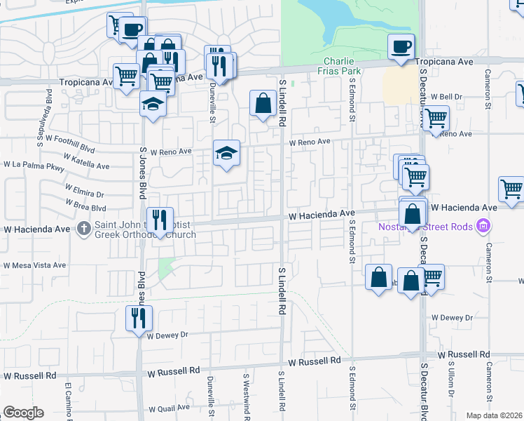 map of restaurants, bars, coffee shops, grocery stores, and more near 5603 West Hacienda Avenue in Las Vegas