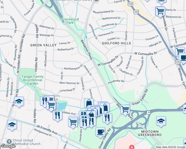 map of restaurants, bars, coffee shops, grocery stores, and more near 1009 Onslow Drive in Greensboro