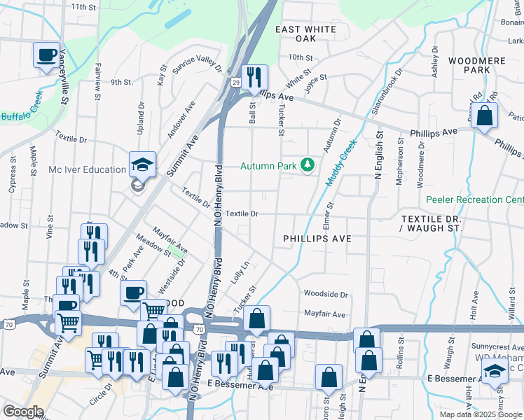 map of restaurants, bars, coffee shops, grocery stores, and more near in Greensboro
