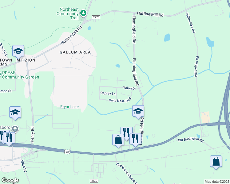 map of restaurants, bars, coffee shops, grocery stores, and more near 2223 Osprey Lane in McLeansville