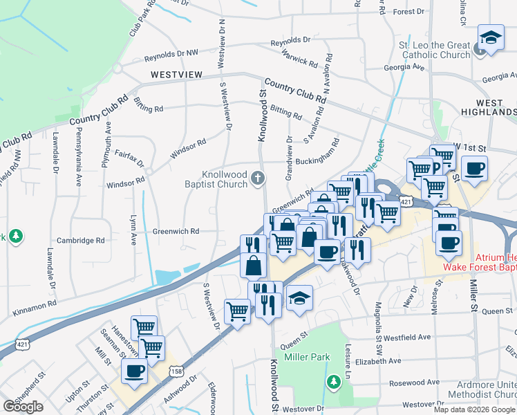 map of restaurants, bars, coffee shops, grocery stores, and more near 320 Hanover Arms Court in Winston-Salem