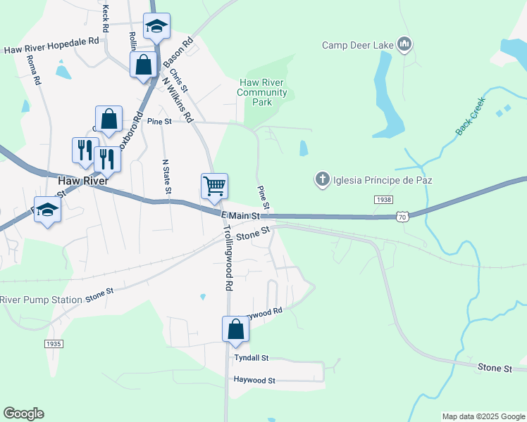 map of restaurants, bars, coffee shops, grocery stores, and more near 1328 East Main Street in Mebane