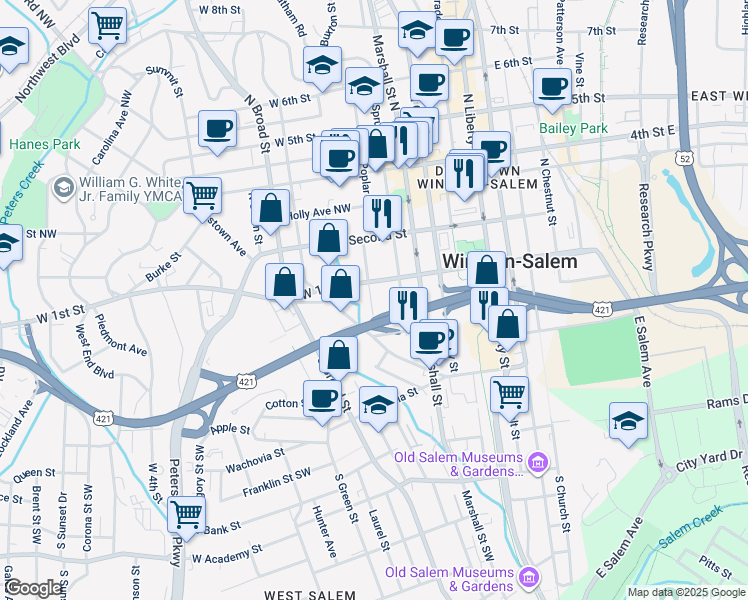 map of restaurants, bars, coffee shops, grocery stores, and more near South Poplar Street in Winston-Salem