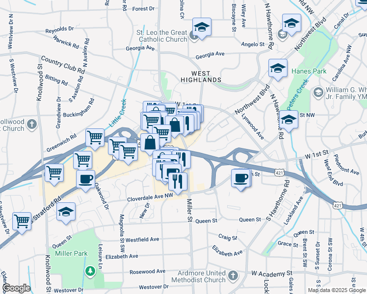 map of restaurants, bars, coffee shops, grocery stores, and more near 72 Miller Street in Winston-Salem