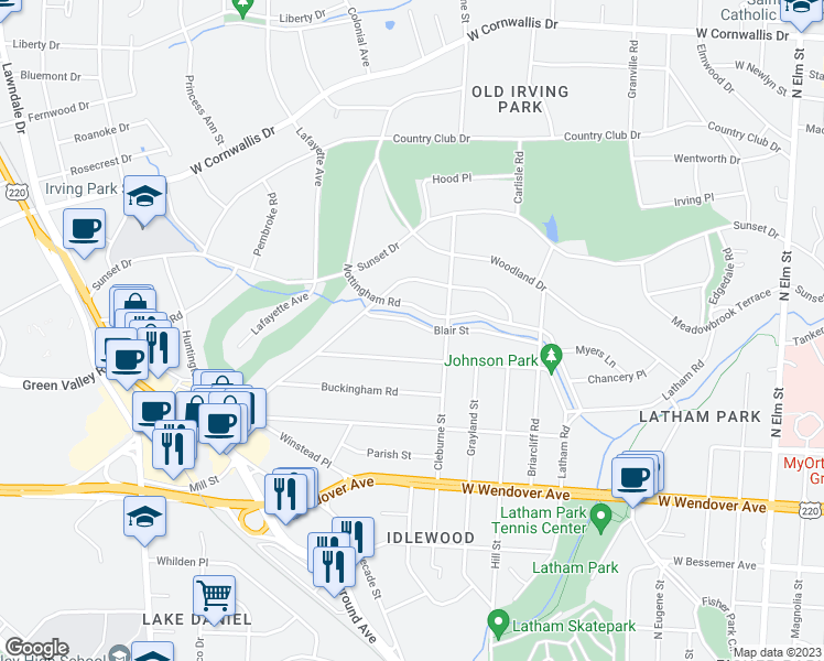 map of restaurants, bars, coffee shops, grocery stores, and more near 705 Blair Street in Greensboro