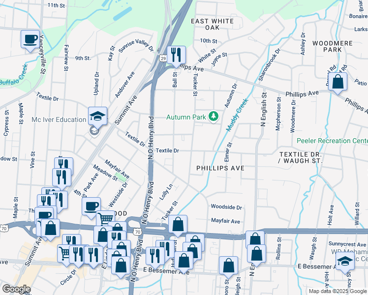 map of restaurants, bars, coffee shops, grocery stores, and more near 1609 Textile Drive in Greensboro