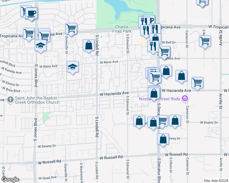 map of restaurants, bars, coffee shops, grocery stores, and more near 1011 West Hacienda Avenue in Las Vegas