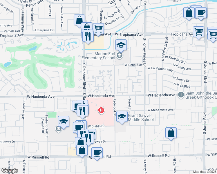 map of restaurants, bars, coffee shops, grocery stores, and more near 5250 South Rainbow Boulevard in Las Vegas